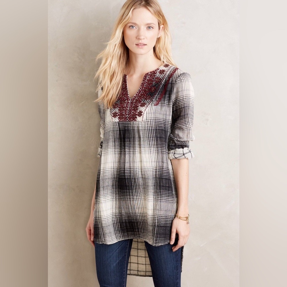 Anthropologie Floreat Plaid Floral Embroidered Flannel Tunic Blouse Shirt XS - Picture 3 of 13